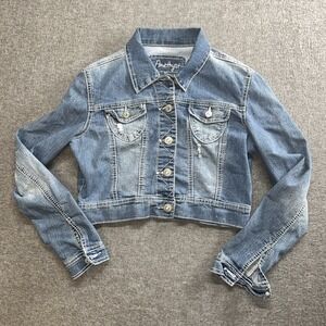 Amethyst Jean Jacket Buttons Stretch Collared Distressed size Small Cropped